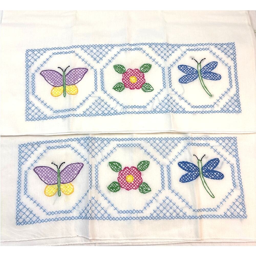 Pair of Hand-Embroidered Standard Pillowcases Cross Stitch Floral Design 1990s